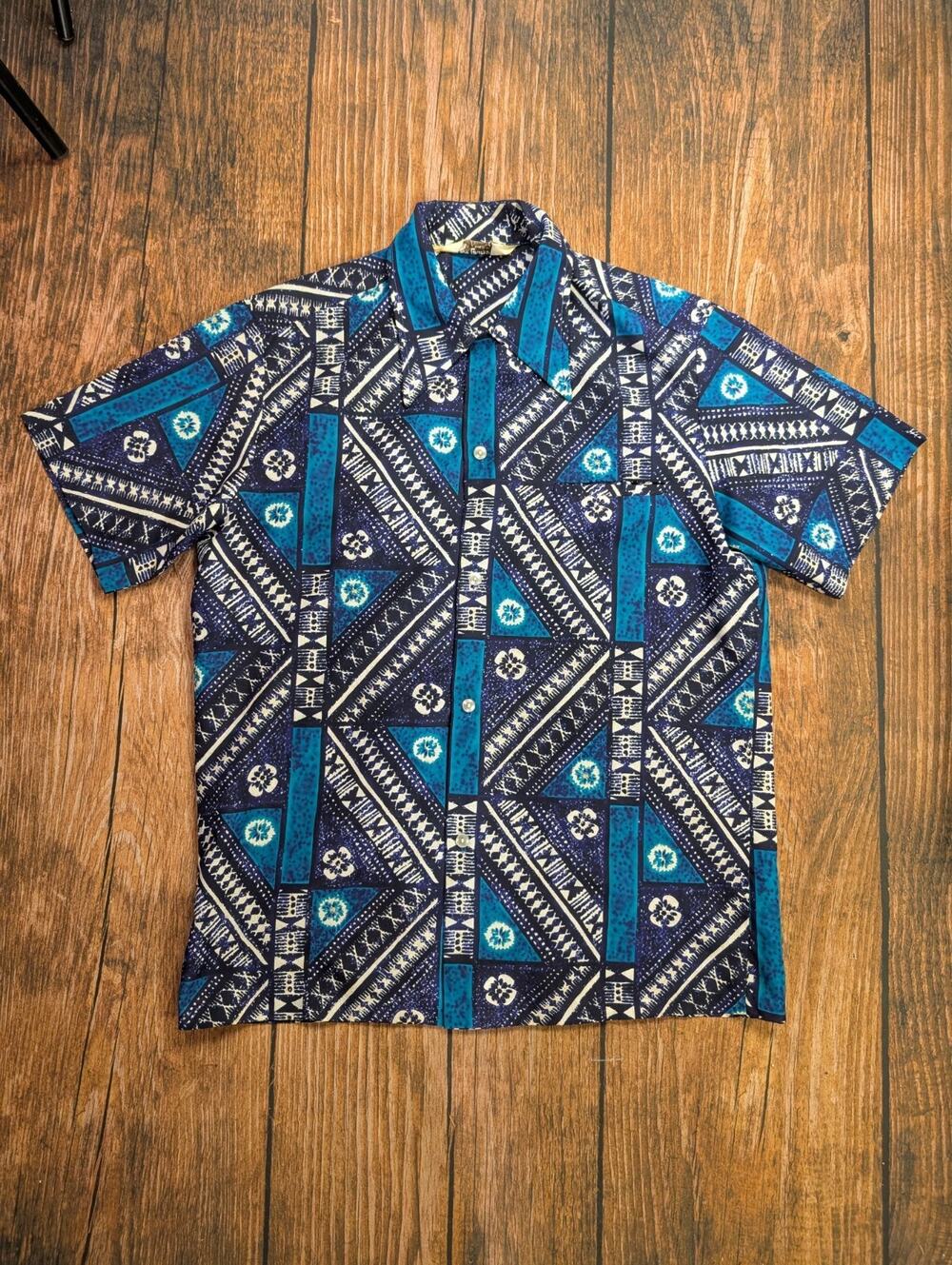 Vintage Lauhala Hawaiian Aloha Shirt M Blue Tribal Peint